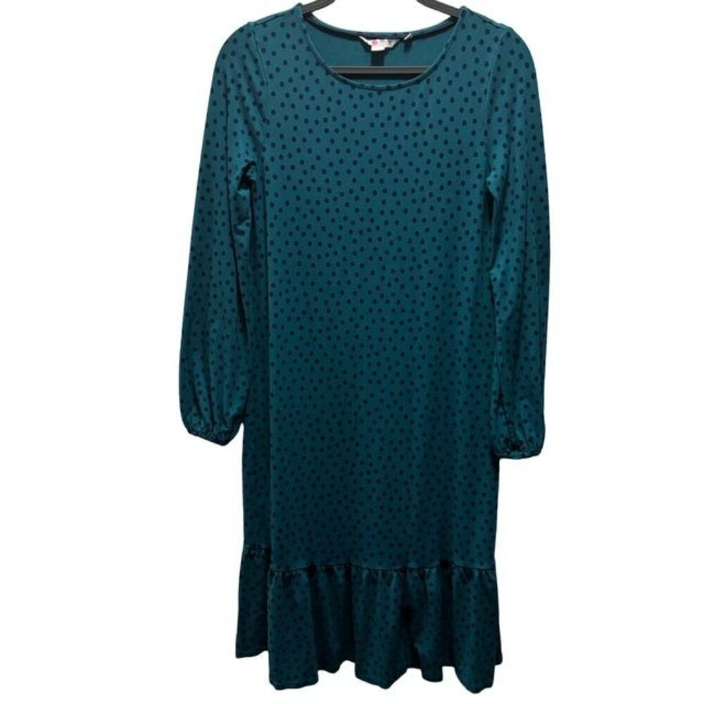 Boden Womens Holly Jersey  Polka Dot Dress Long Sleeve Ruffle Hem Teal Size 8
